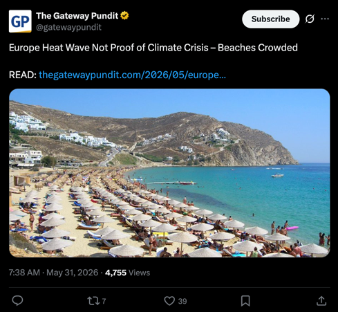 A post on X reading "Europe Heat Wave Not Proof of Climate Crisis - Beaches Crowded" 