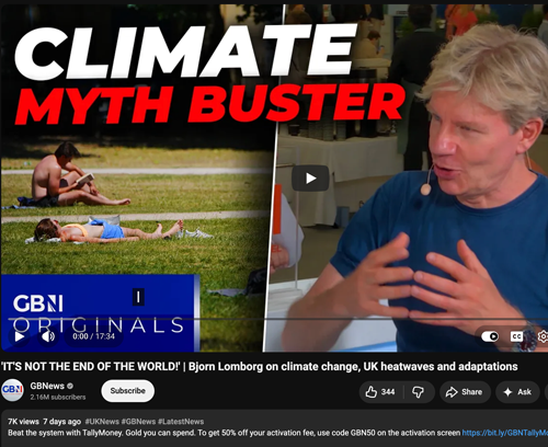 A Screenshot of a GB News video with the title “‘IT’S NOT HTE END OF THE WORLD’| Bjorn Lomborg on climate change, UK heatwave and adaptations”