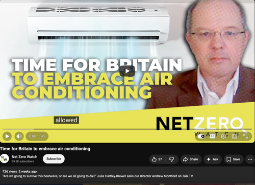 A Youtube thumbnail with the title “Time for Britain to embrace air conditioning” from the channel Net Zero Watch