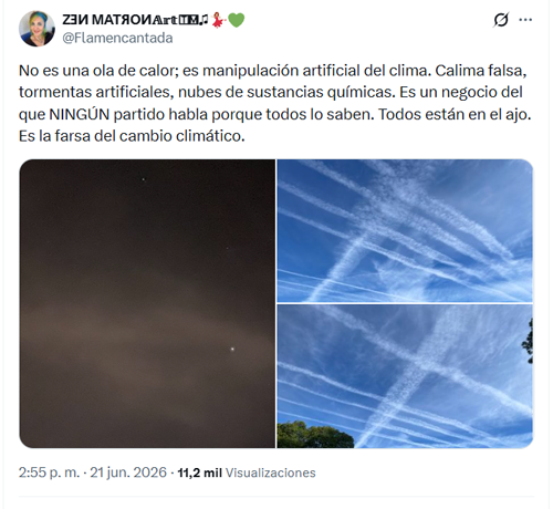 No es una ola de calor; es manipulación artificial del clima. Calima falsa, tormentas artificiales, nubes de sustancias químicas. Es un negocio del que NINGUN partido habla porque todos lo saben. Todos están en el ajo. Es la farsa del cambio climático.”