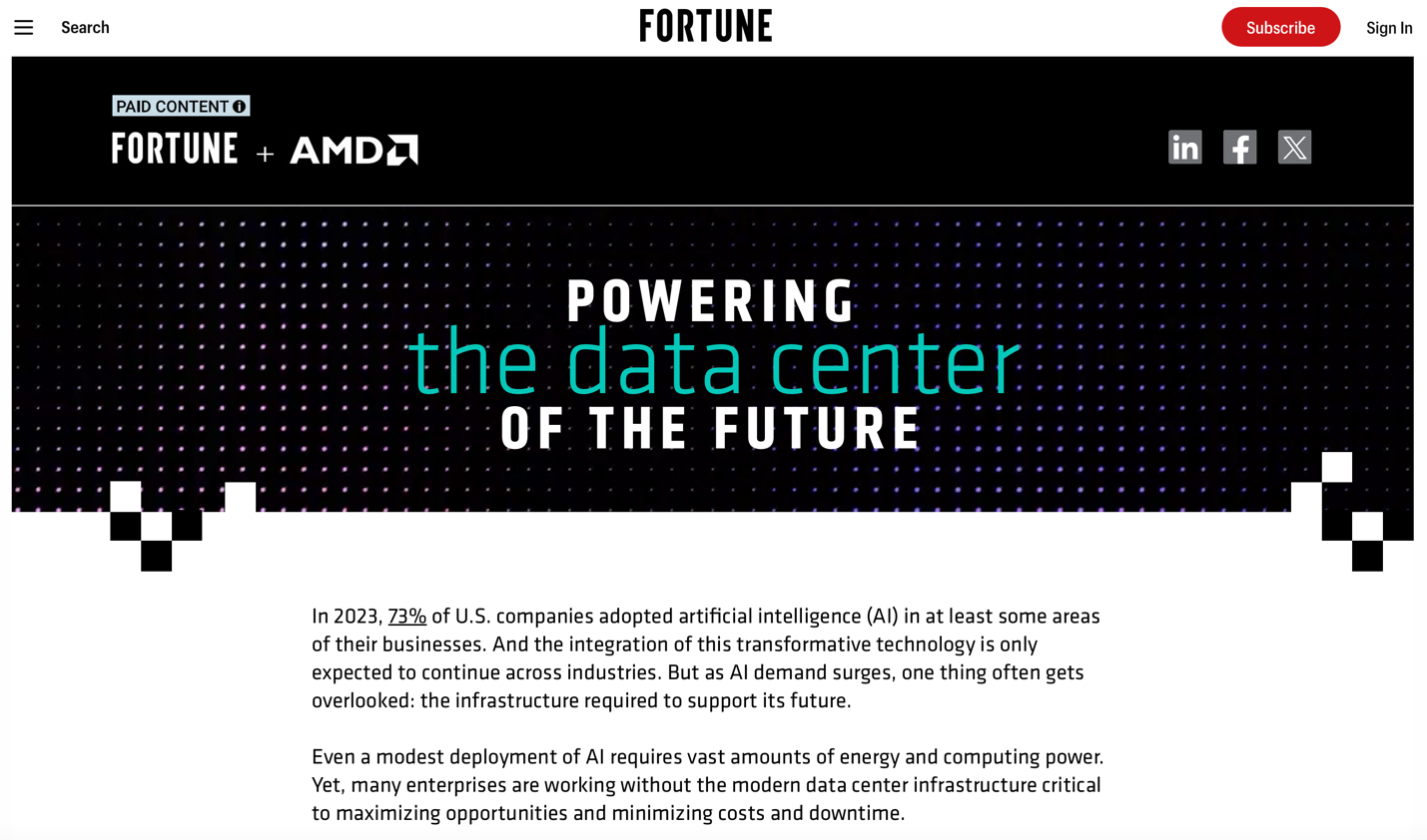 Screenshot of a Fortune paid-content webpage created with AMD. A black banner reads “Powering the data center of the future” above text about the growth of AI and the energy and computing infrastructure needed to support it.
